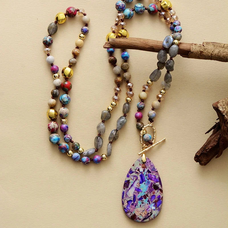 Trendy Boho Emperor Jasper Crystal Teardrop Pendant Necklace Natural Stones Imitation Pearl for Weddings Parties Beads Jewelry
