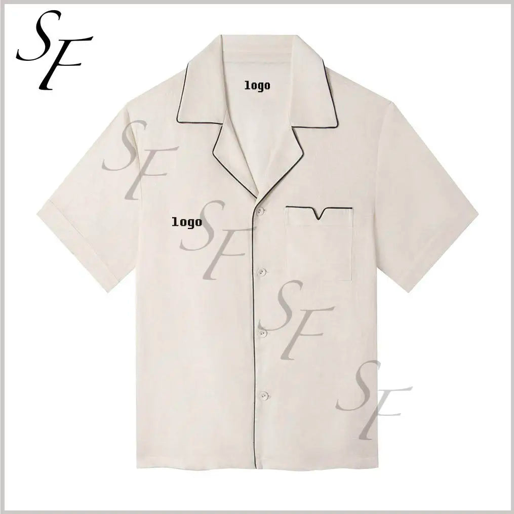 Custom Loose Casual Versatile 100% Linen Classic V-pocket Navy Piping Bodice T-shirt