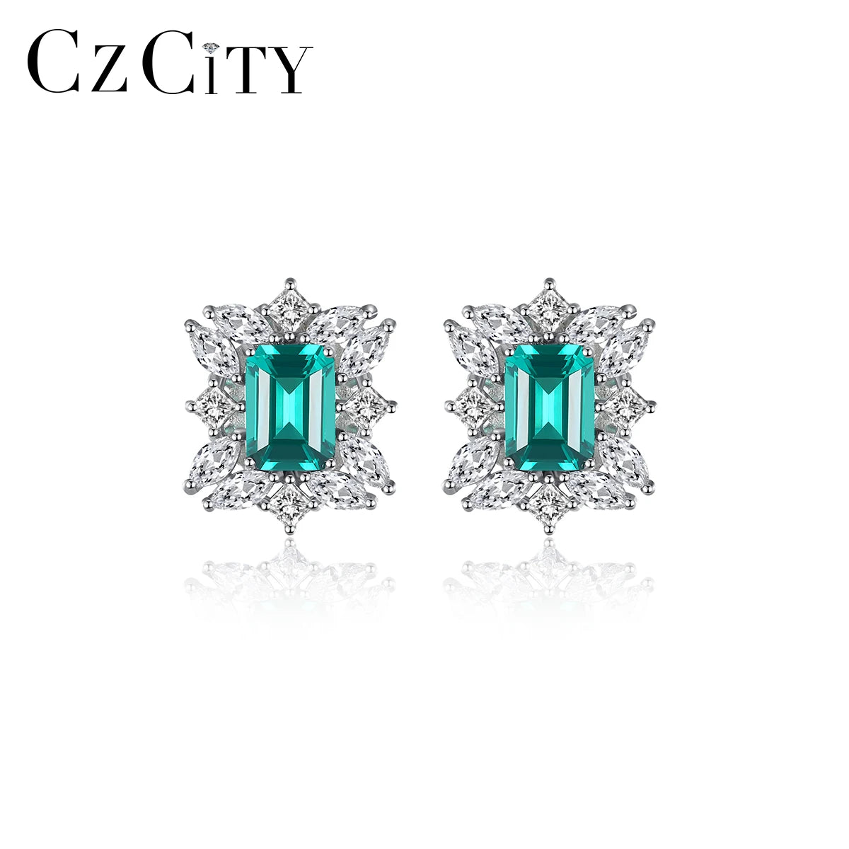 CZCITY Statement 2026 Earing 925 Sterling Silver Woman Stud Big Jewelry Beautiful Design Square Shape Green Elegant Earring