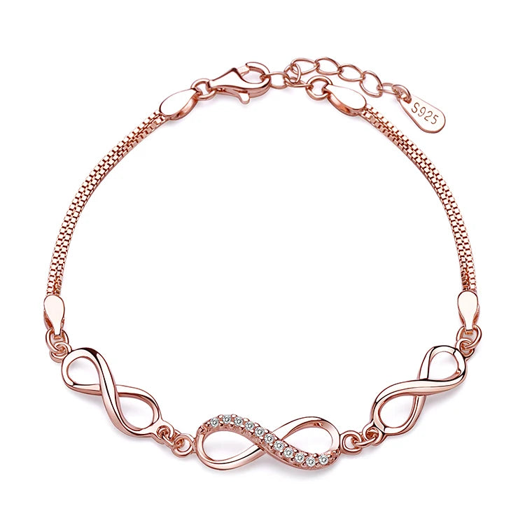 925 Sterling Silver Infinity Charm Bracelet with Zircon Rose Gold Wedding Party Jewelry Gift Idea