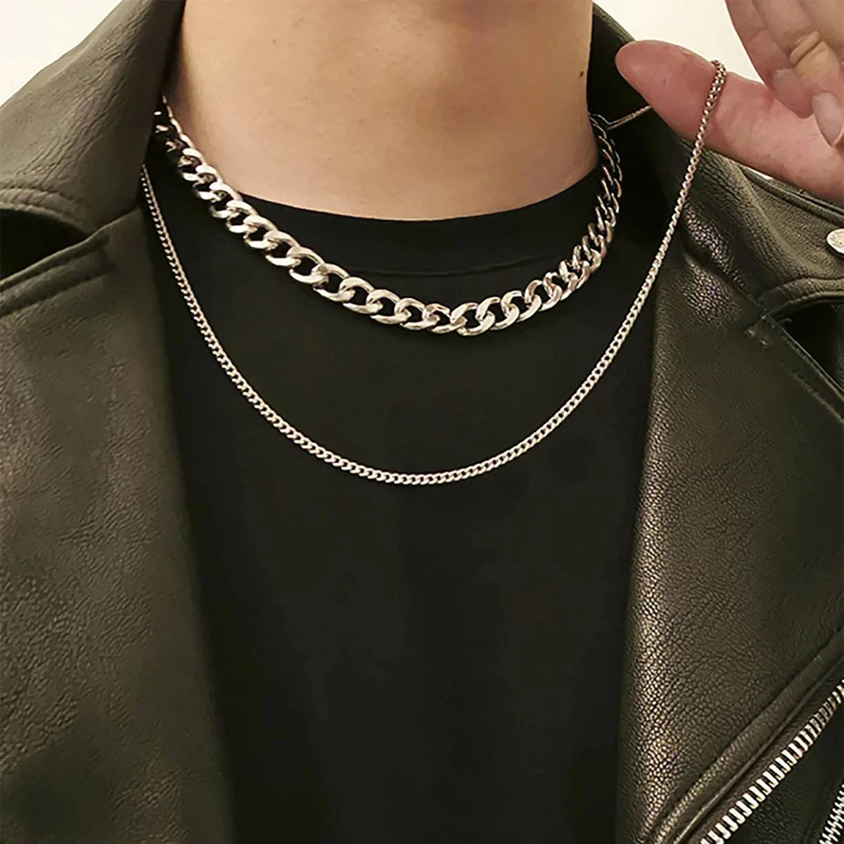 Fashion Simple Classic Men's Thick Chain Necklace Hip-Hop Men's Cuban Necklace 2 Piece Set