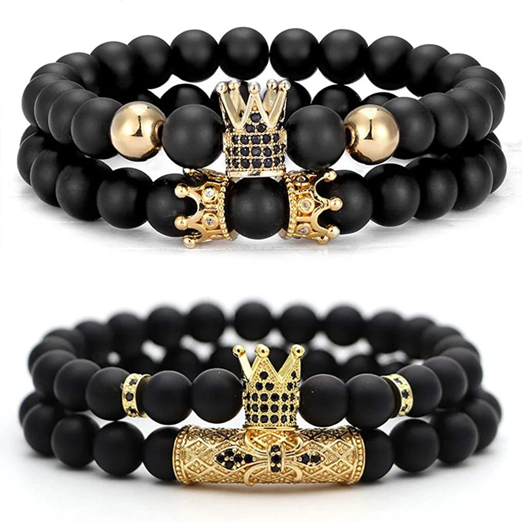 Fashion Jewelry 8mm Black Onyx Matte Beads Bracelets King Crown Bracelets Sets for Men Women