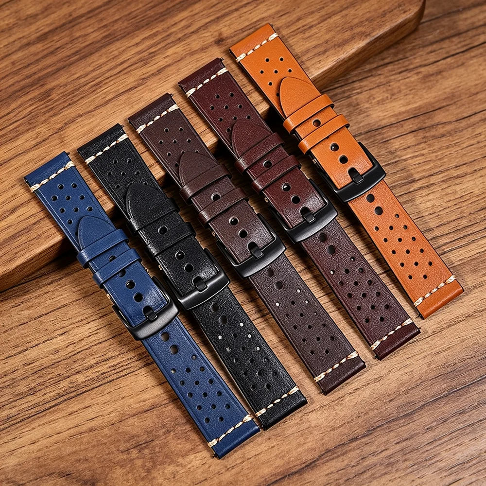 Factory Manufacturer Luxury Racing Rally Watchband 20mm 22mm Quick Release Breathable Holes Genuine Leather Watch Strap
