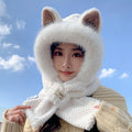 Fashion Ladies Cute Bear Ear Soft Plush Neck Warmer Winter Keep Warm Scarf and Hat Set