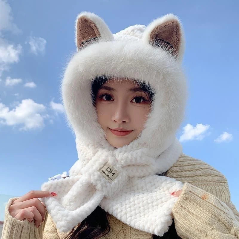 Fashion Ladies Cute Bear Ear Soft Plush Neck Warmer Winter Keep Warm Scarf and Hat Set