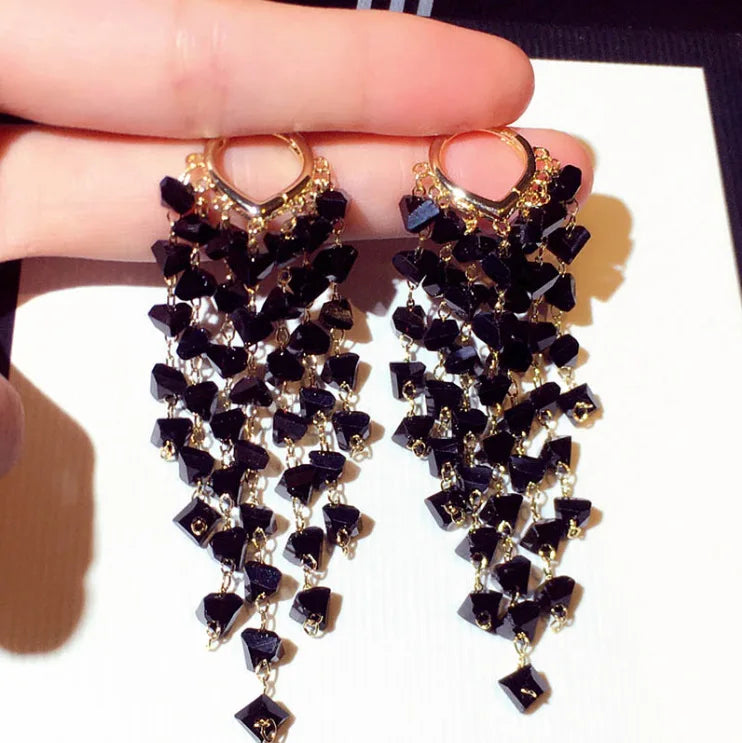 Atmospheric Women Long Crystal Tassel Earring Geometric Big Diamond Crystal   Hoop Earring for Girls