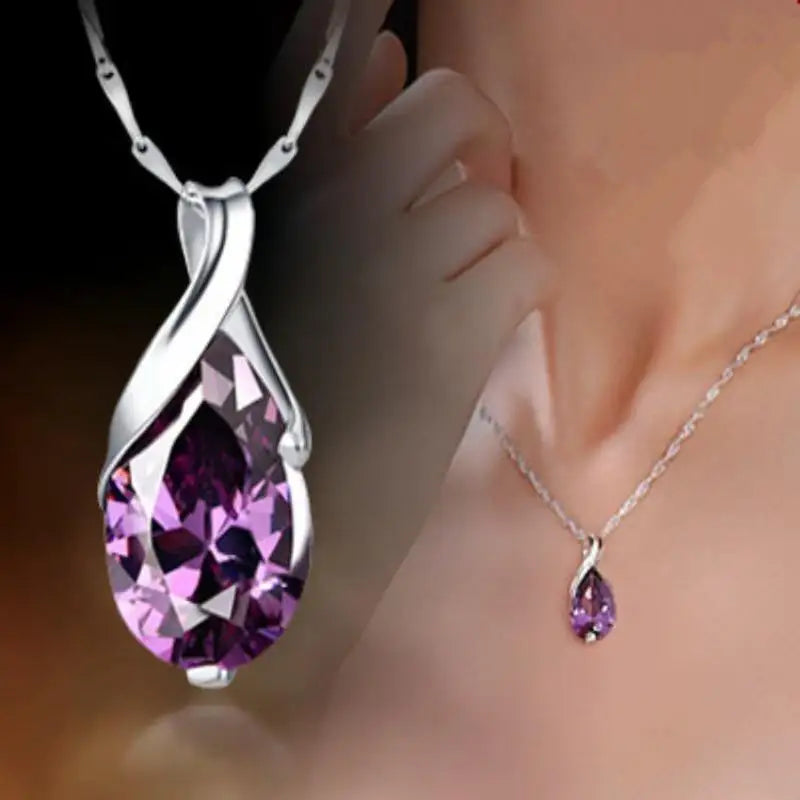 CAOSHI Sweet Style Water Drop Design Sparkling Purple Crystal Cubic Zirconia Necklaces for Women Fashion Party Pendant Necklaces