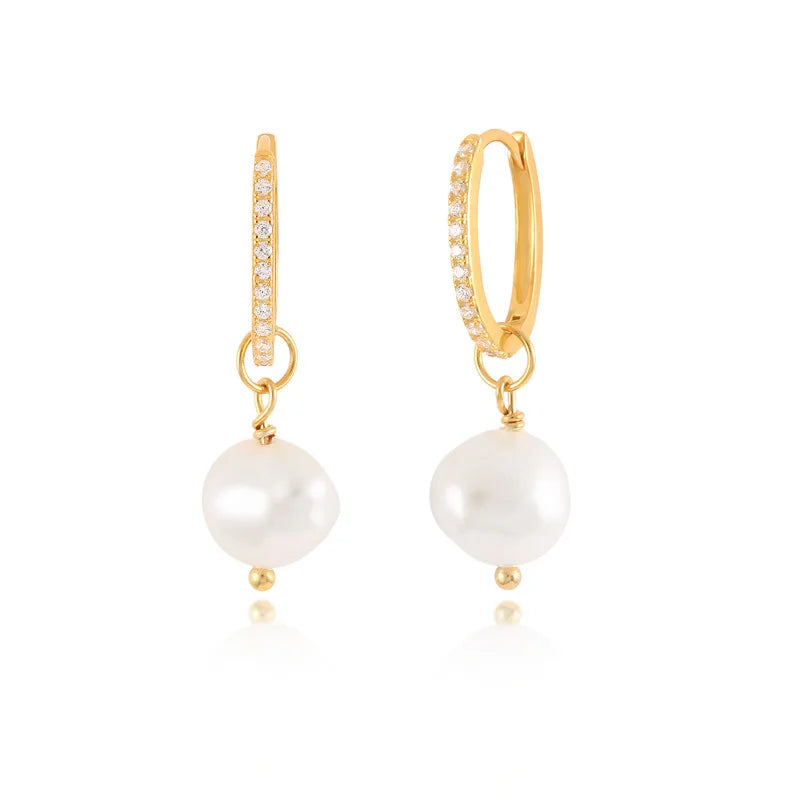 925 Sterling Silver Imitation Pearl Zirconia Pave Huggie Earrings Pearl Drop Earrings
