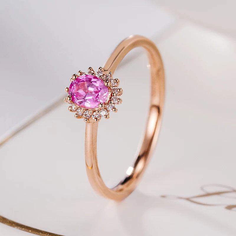 Oval Natural Pink Sapphire Natural Diamond 18k Gold  Gemstone Engagement Rings for Women Jewelry