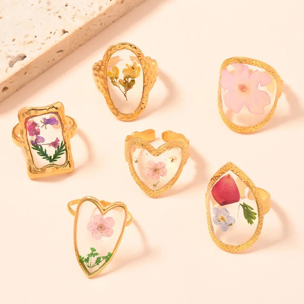 Personalize Sweet Cute Stainless Steel Geometric Heart Everlasting Flower Dried Flower Ring for Women Girls