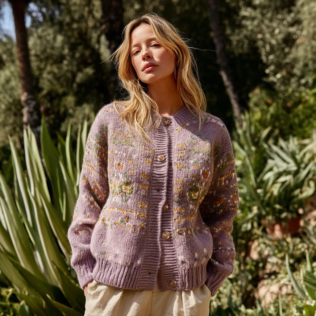 Women's Floral Jacquard Wool-Blend Cardigan Breathable Hooded Casual Print Cable Knit Winter Outdoor Sweater with Front Logo