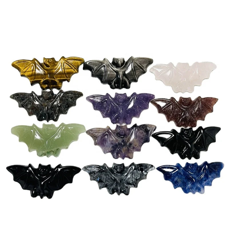 Wholesale Natural Black Obsidian Tiger Eye Rose Quartz Amethyst Crystal Carved Bats
