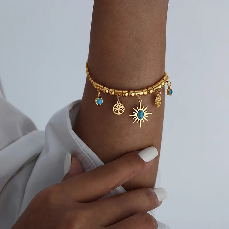 Fashion Jewelry Bracelets Bangles Stainless Steel 18K Gold Plated Chain Charm Pendant Adjustable Bracelet and Necklace Set