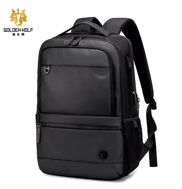 Golden Wolf Business Style Waterproof Laptop USB Charging Anti-Theft Zipper Closure Men's Backpack with Polyester Material