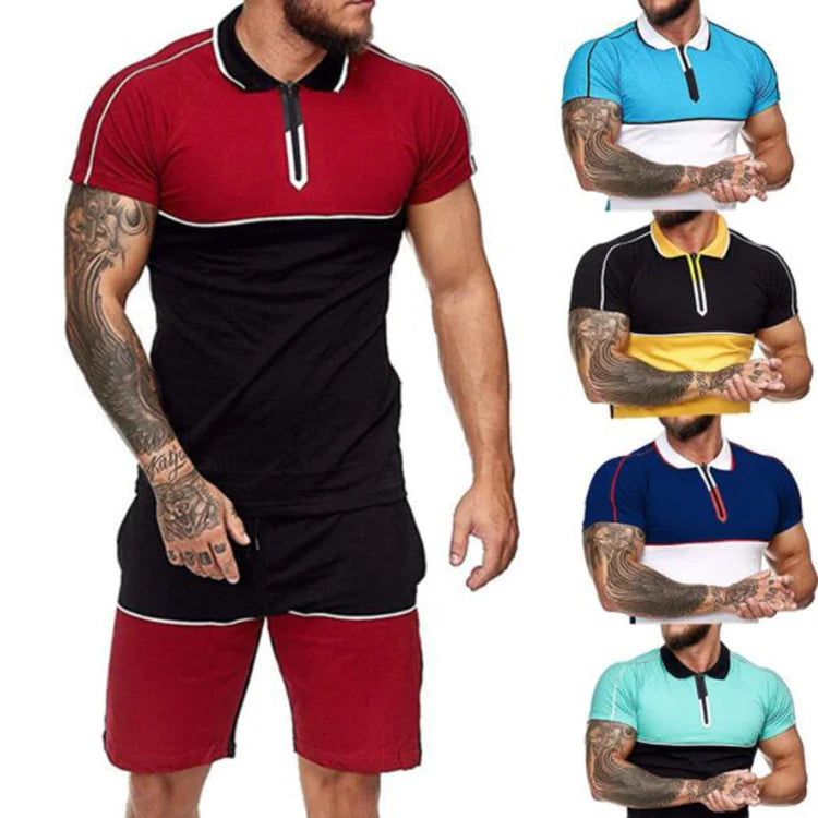 Summer Mens Casual Shorts Sets Color Matching Splicing Polo Shirt Short Sleeve Men Tracksuit Set Sports Shorts Suit Man Clothing