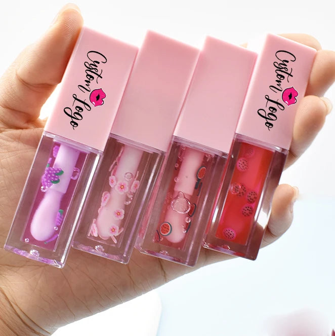 OEM Vegan Crystal Makeup Lip Gloss with Fruit Flavor Wholesale Pink Tube Cute Colorful Lip Oil Featuring Your Logo