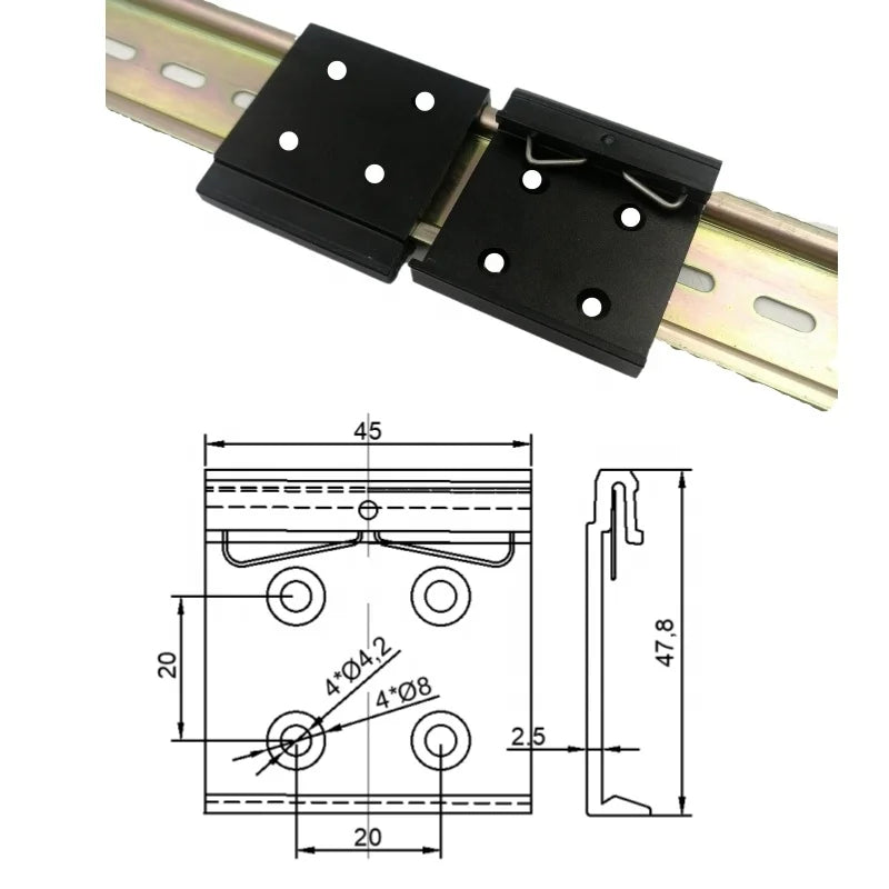 Black Aluminum 45 Wide 35mm Metric DIN Rail Clip with Snap Hook Square Hole 20mm Hole Spacing M4 Thread for Mounting Brackets