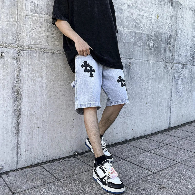 OEM FOG  Stock Drop Shipping Men Denim Cross Pu Leather Patches Jeans Short