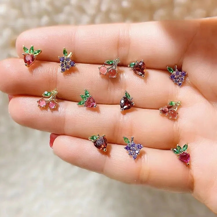 Antiallergic S925 Silver Post Kids Earrings Dainty Colorful Zircon Grape Peach Strawberry Cherry Fruit Stud Earrings for Girls