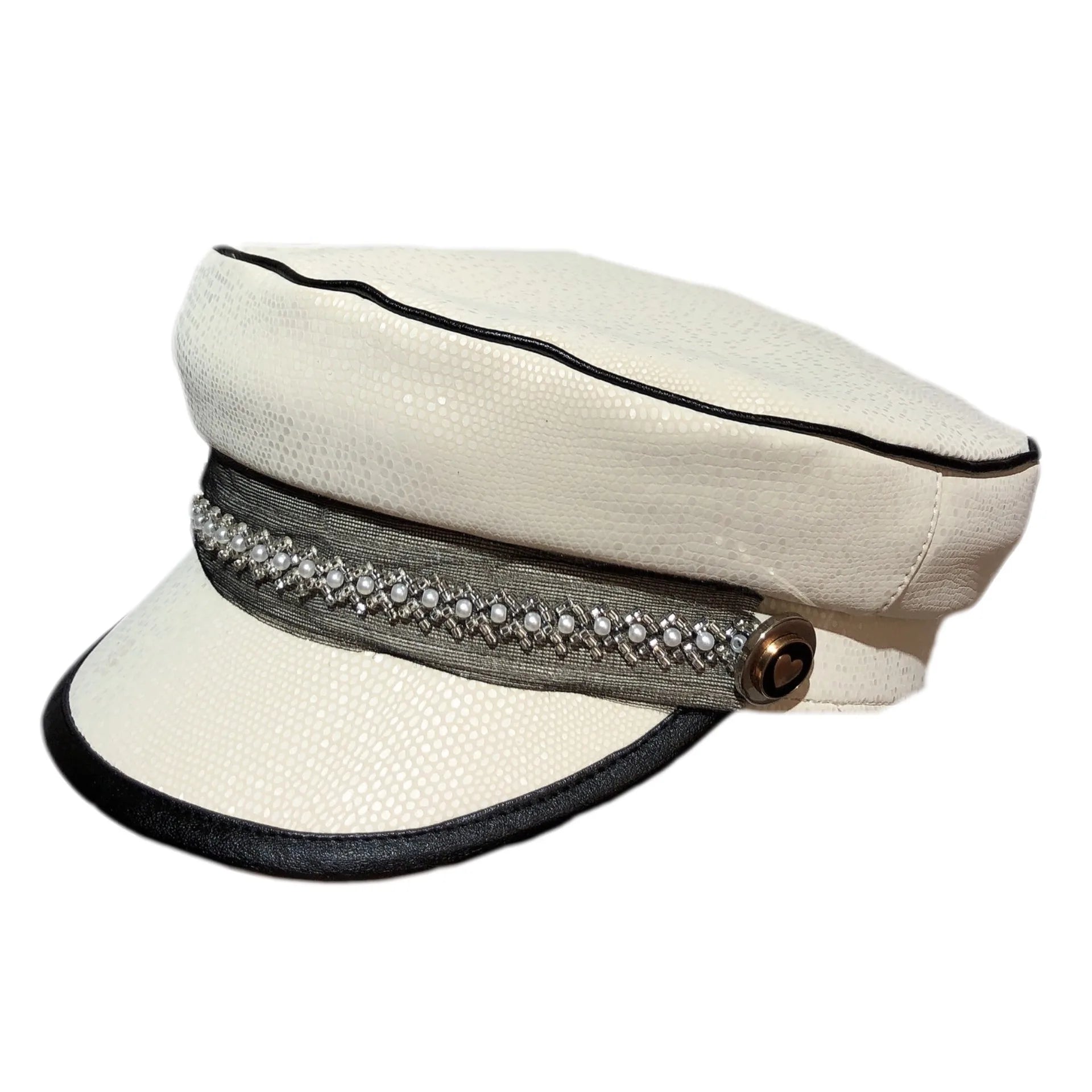 Trendy Fashion Shinny PU Leather Women Captain Sailor Hat Newsboy Baker Boy Beret Fiddler Hat with Pearl