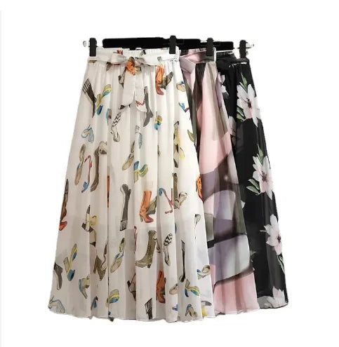Bohemian Floral Chiffon Skirt for Female High Waist Medium Length Breathable Beach Casual Dress for Girls Long Skirt Natural