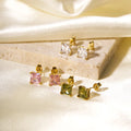Womens Fashion Jewelry Stainless Steel Earring Exquisite White/Pink/Tea Green Square Zircon Stud Earrings