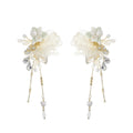 Girls Fabric Flower and Ceramic Flower Shape Earrings Bride Long Tassel Earrings Women Crystal Wedding Earrings