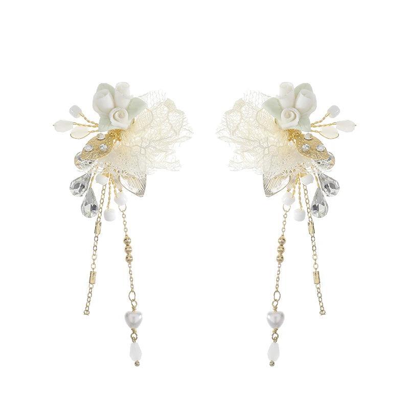 Girls Fabric Flower and Ceramic Flower Shape Earrings Bride Long Tassel Earrings Women Crystal Wedding Earrings