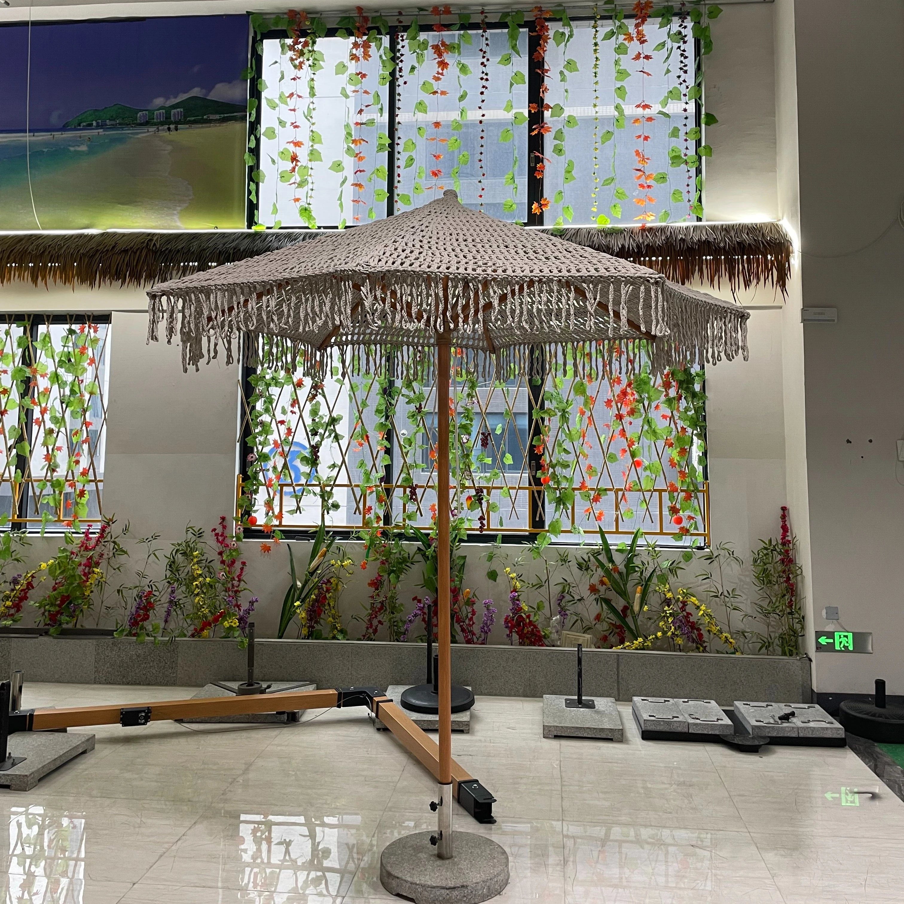 Hot  Wooden Pole Handmade Tassel Fringe Woven Beach Patio Garden Parasols Umbrella