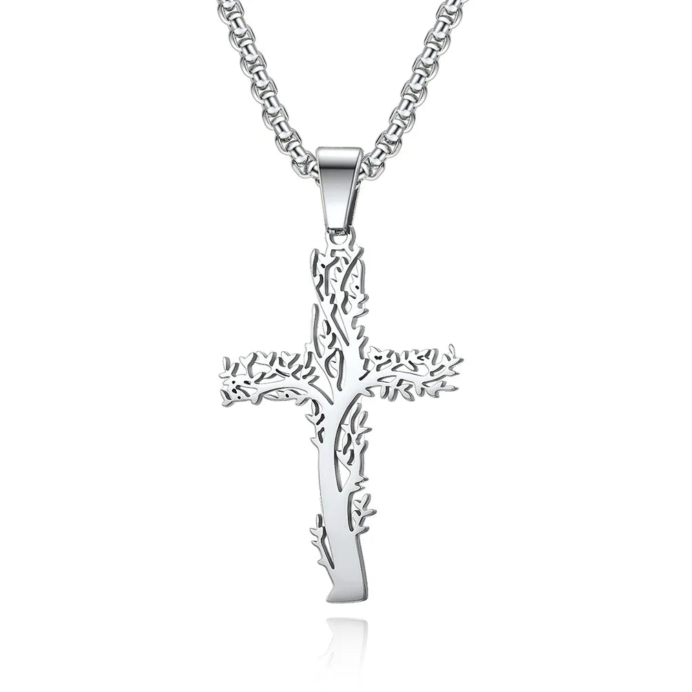 Unisex Classic Stainless Steel Gold Plated Zircon Life Tree Cross Charm Necklace with Geometric Pendant