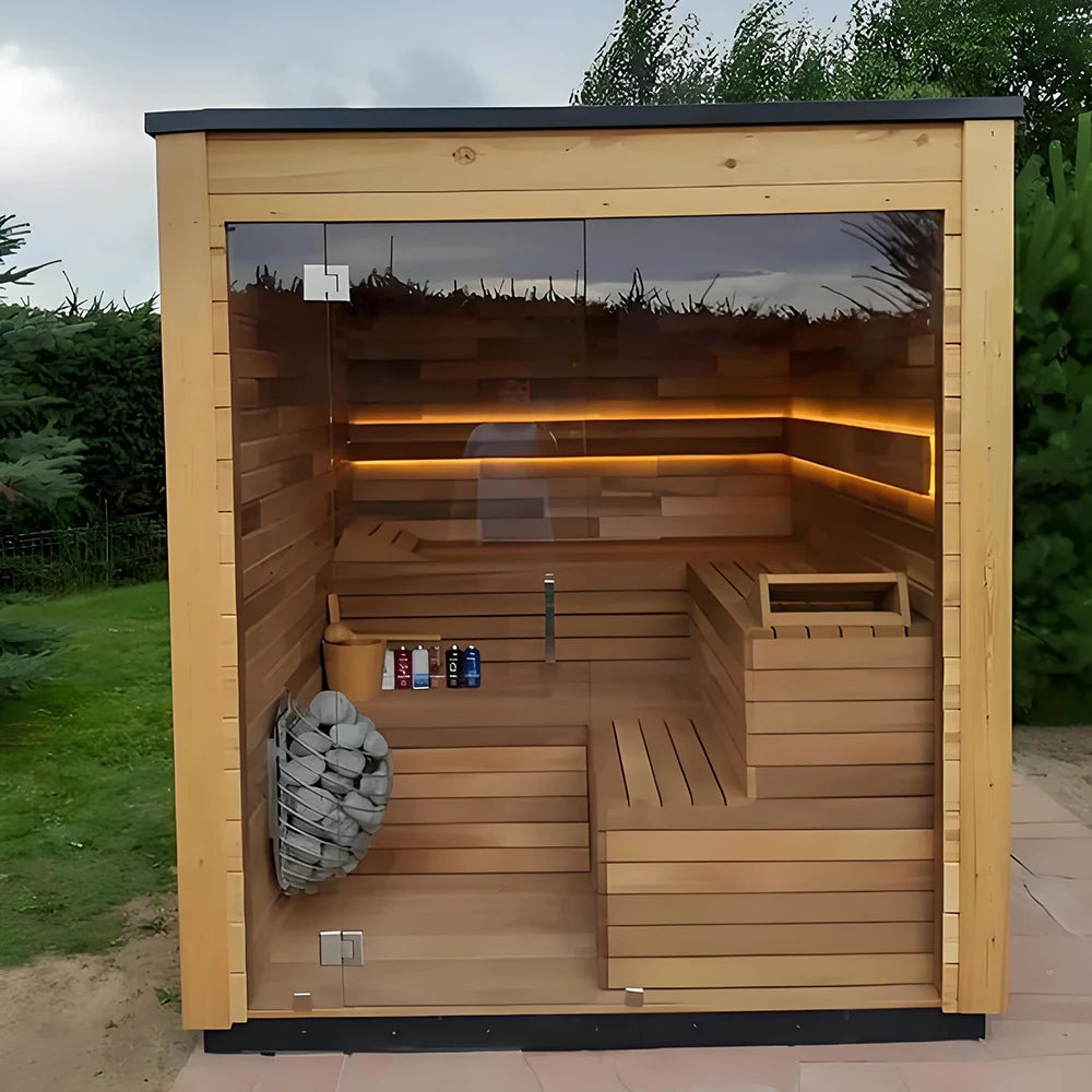 Elegant Hemlock Wood Far Infrared Dry Steam 4 People Custom Solid Wood Compact Outdoor Corner Design Sauna Room