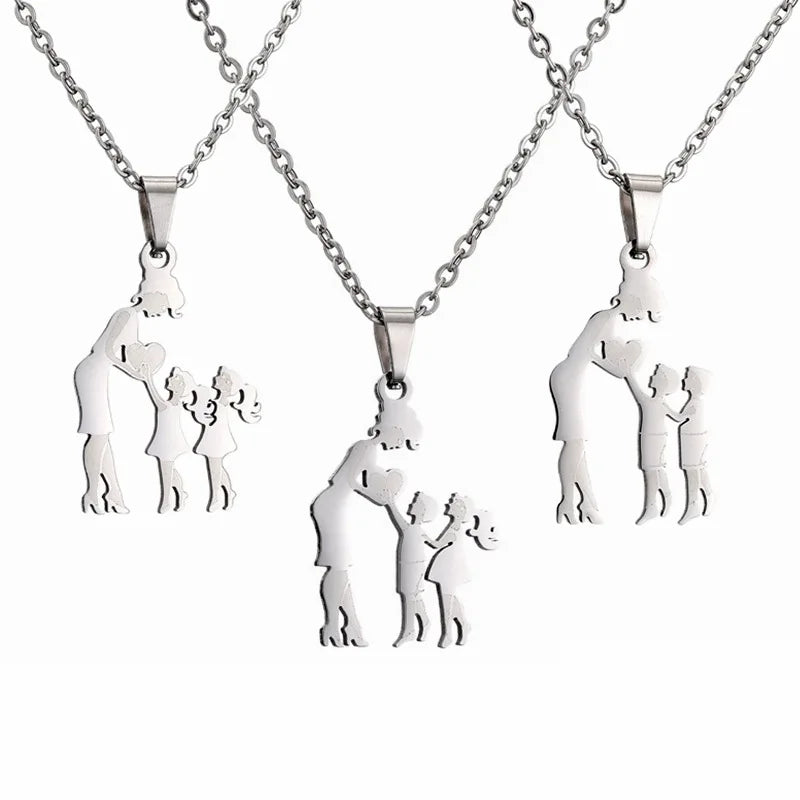 MIENTER Stainless Steel Heart Girl Boy Pendant Necklace Fashion Luxury Cut Pendant Mother's Necklace