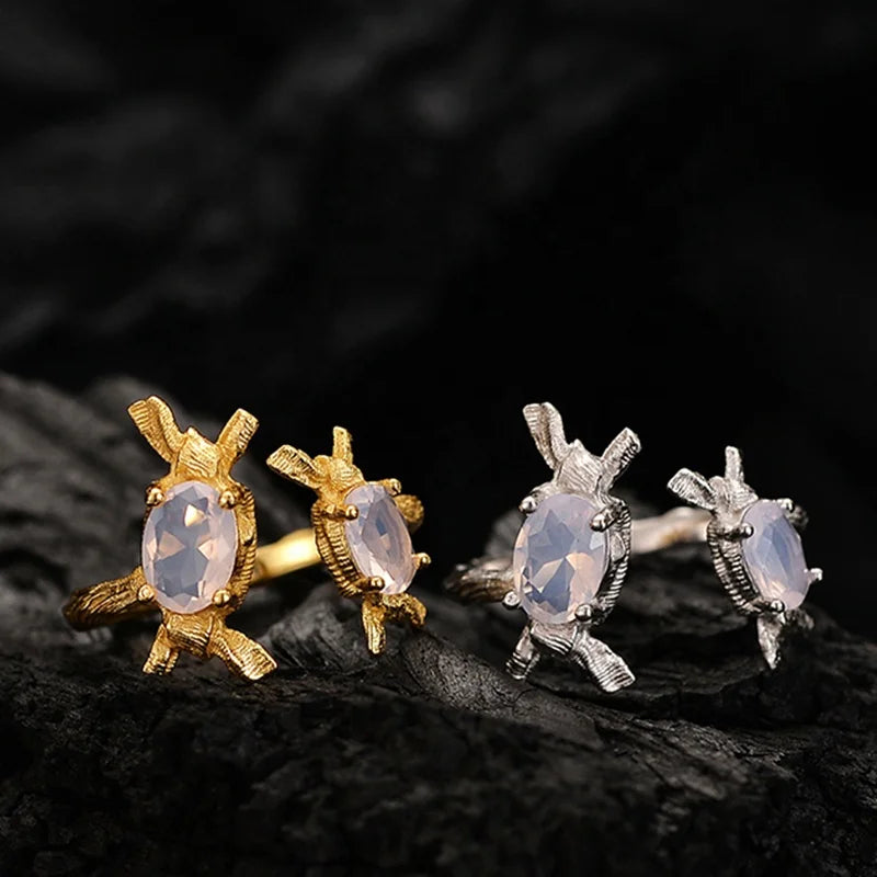 ICEBELA Jewelry 925 Sterling Silver 18K Plated Simple Sweet Niche Design Handmade Open Hollowed Out Shaped Candy Opal Ring