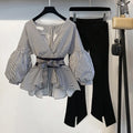 Two Piece Set Women Clothing Outfit Casual Lantern Sleeve Blouse Tops + Pants Plus Size