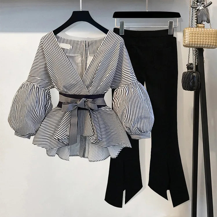 Two Piece Set Women Clothing Outfit Casual Lantern Sleeve Blouse Tops + Pants Plus Size