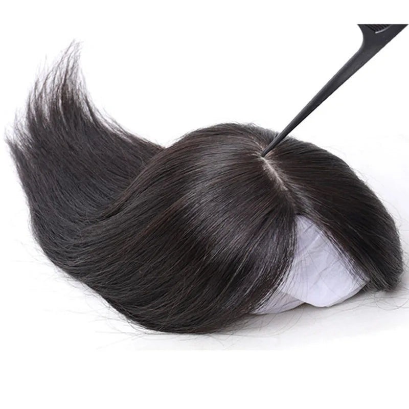 AU LONGFOR Real Hair Top Replacement Wig Piece Natural Bangs Silk Base Cover Gray Hair Topper
