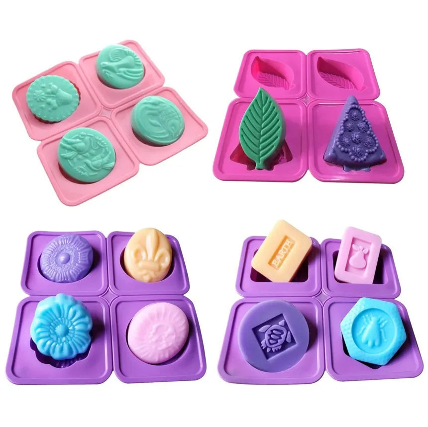 Non Stick 4 Cell Detachable Sponge Rectangle/Round Shape with Patterns Silicone  Mold for DIY Handmade Soap Bar Molds