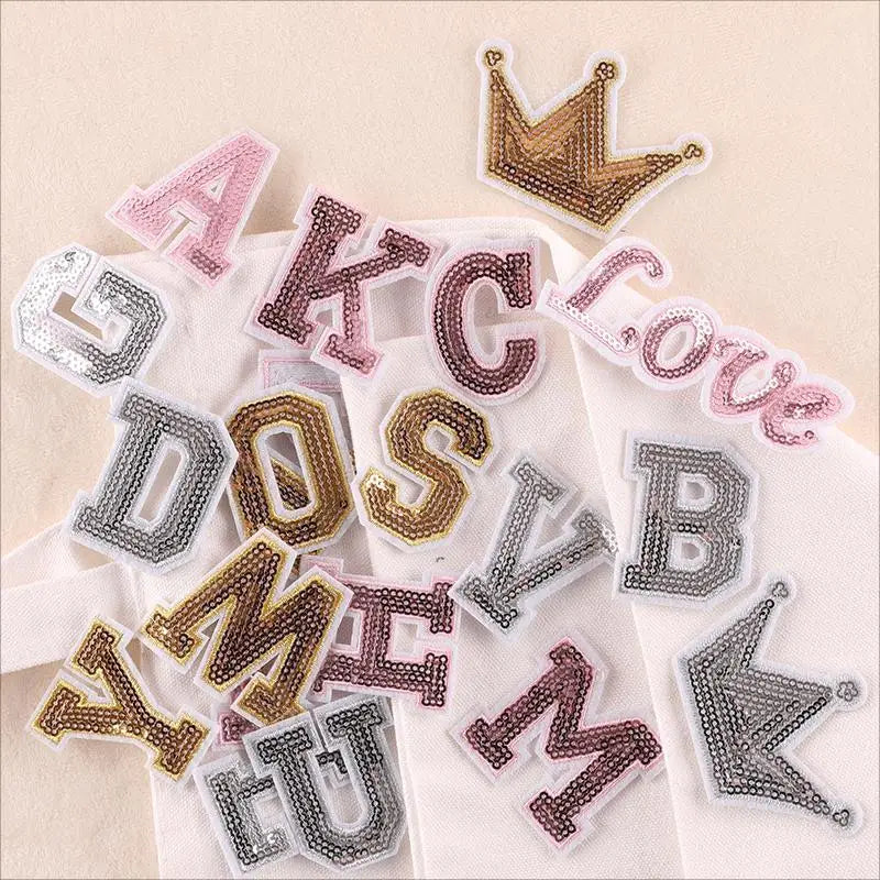 Custom Made Iron on Crown Letters Word Log Sequin Patches for Clothes