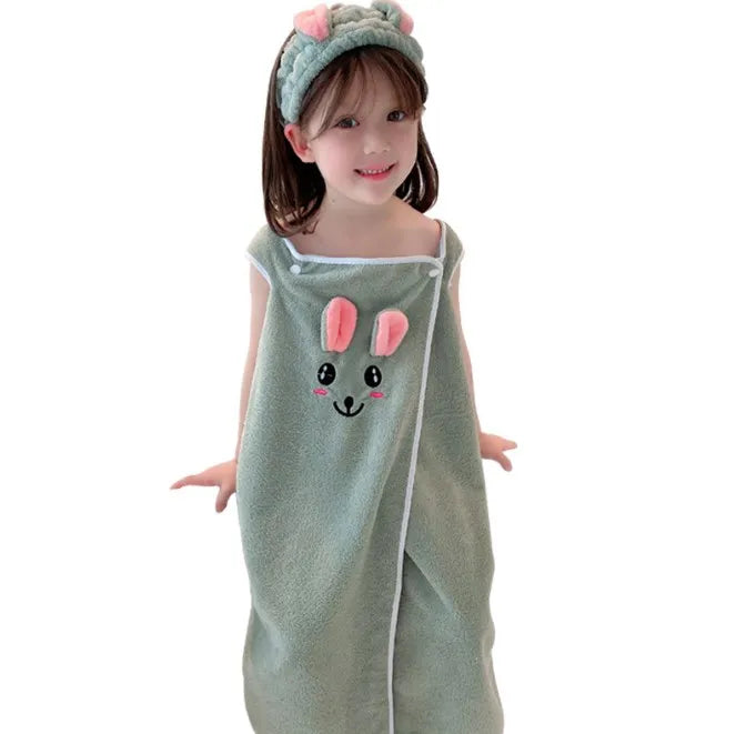 Soft Coral Fleece Cartoon  Kids Children Wearable Bath Towel Hair Band Set