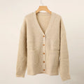 Custom Design 9GG Ribb Knitted V Neck Wool Sweater Beige Cardigan Women Winter Button Oversized England Style Anti-Wrinkle