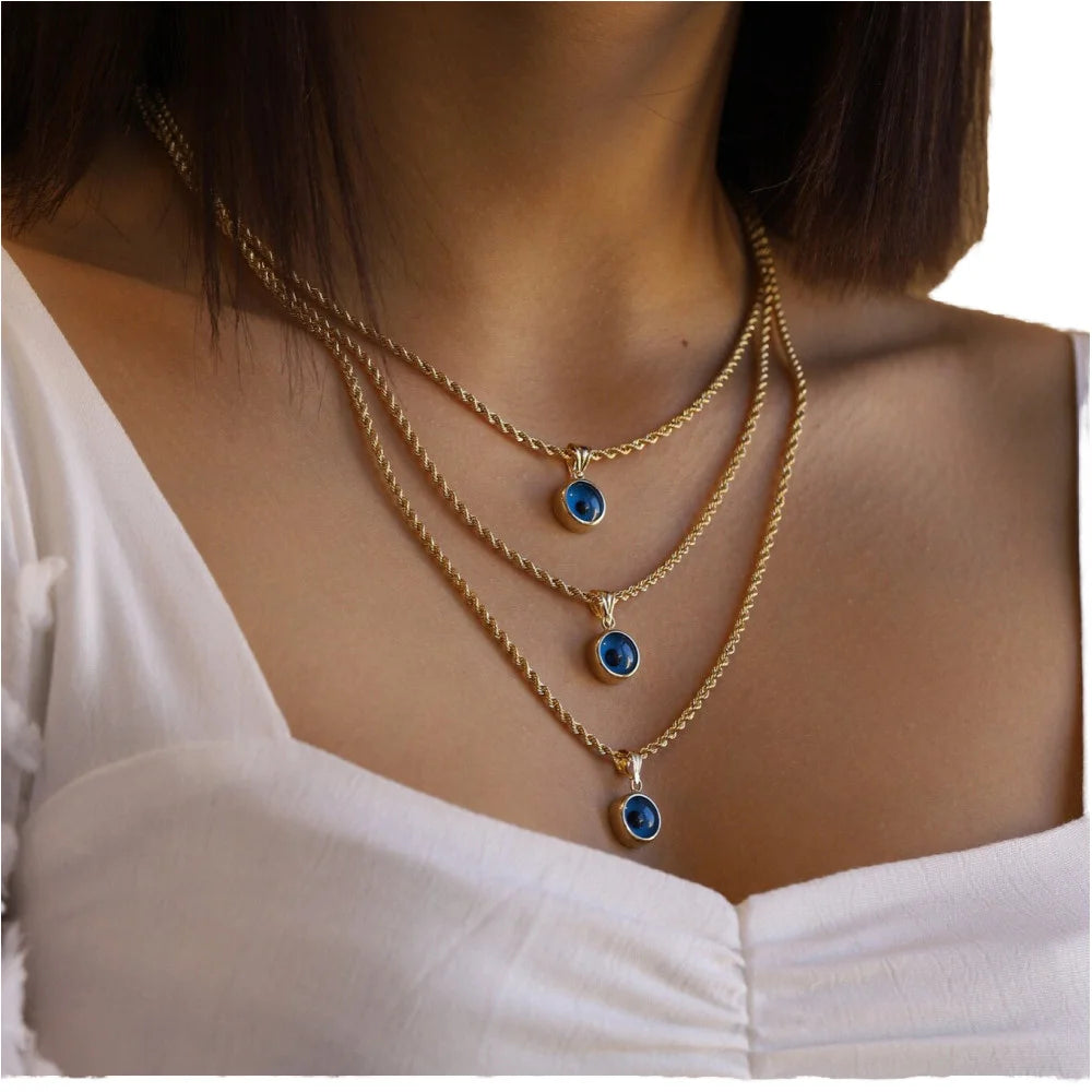 Simple Blue Eye Gemstone Pendant Necklace 18K PVD Gold Plated Hypoallergenic Stainless Steel Twisted Chain Fashion Jewelry
