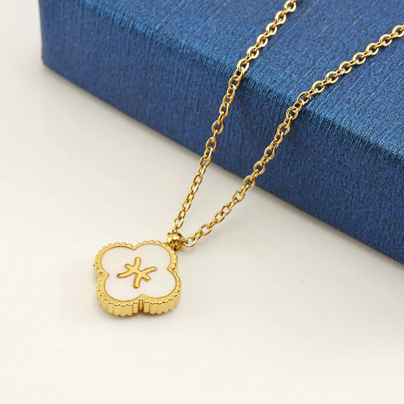 SSeeSY Fashion Jewelry Designer Astrology Horoscope Zodiac Sign Necklace Stainless Steel Shell Clover Pendant Necklace for Women