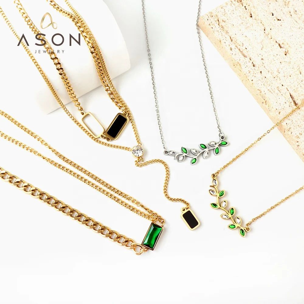Ason High Quality Fashion Jewelry Stainless Steel 18K Gold Plated Chain Necklace Zircon Leaves Choker Pendant Necklace for Women