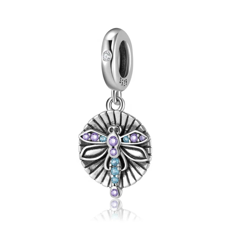 Real 925 Sterling Silver Round Shape Dragonfly Shape Zircon Pendant Beads Fit Charm Bracelet Fine Jewelry Making Wholesale