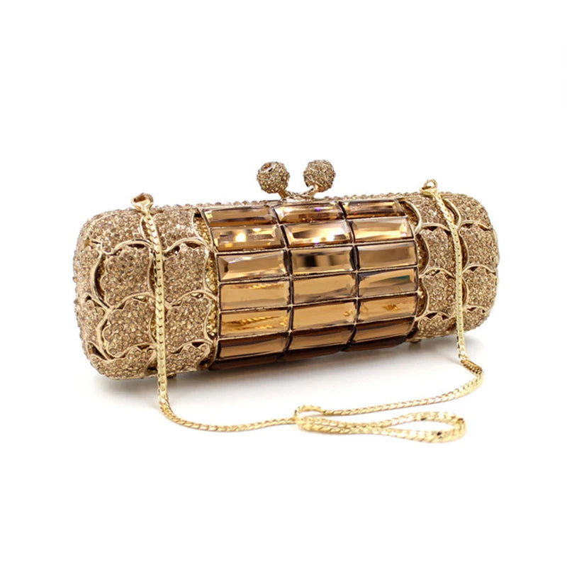 Cylinder Shape Party Bling Gold Crystal Bag Rhinestone Clutch Purse Evening Bags
