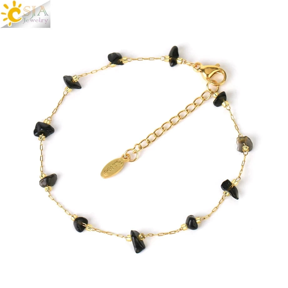 CSJA Newest Natural Reiki Chip Bead Bracelet Adjustable Gold Color Stainless Steel Chain Link Bracelet for Women G925