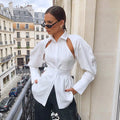 Autumn Solid Hollow Out Puff Sleeve Shirt Elegant Office Lady Lapel Tops Women's Blouse Shirts