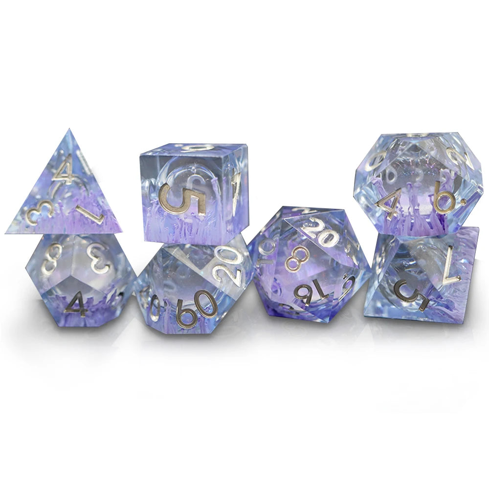 Custom Flower Dice 7pcs Polyhedral Purple Liquid Core Resin Dice Set for DND Table Games