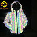 Customize Trend Winter Warm Hi Visible Running Thick Unisex Noctilucent rainbow Reflective Down Puffer Bubble Hooded Jacket Coat