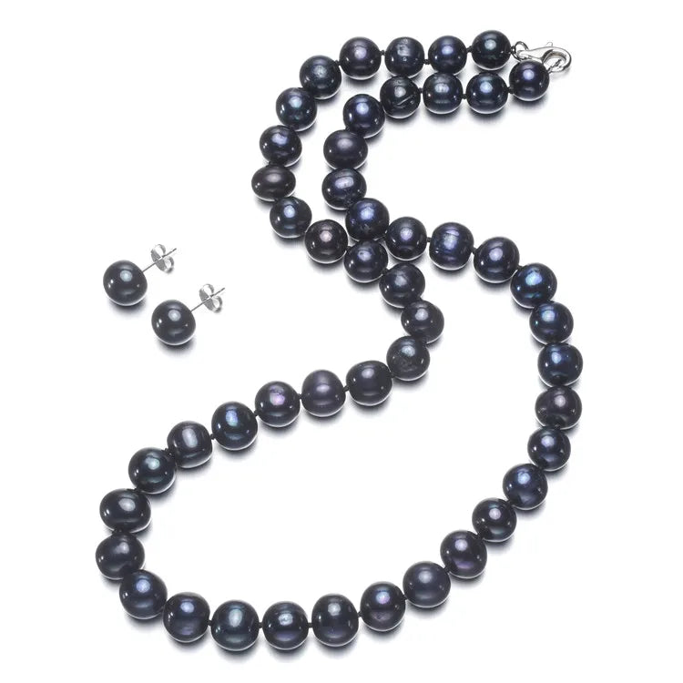 FEIRUN 7-8mm off Round AA- Black Color 925 Sterling Silver Original Women of Freshwater Pearl Earrings Set Jewelry